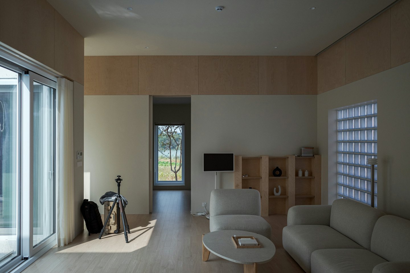 Soggiorno moderno con divano grigio e pavimenti in legno.